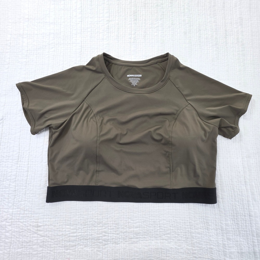 Nova Sport Womens Olive Green Logo Elastic Hem Athletic Crop Top Size 2X